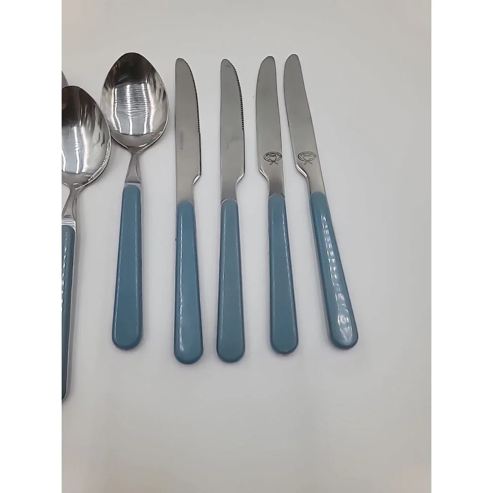 16pc Culinary‎ Pro Blue Plastic Handle Stainless Flatware Set